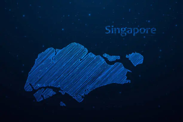 Vector illustration of Singapore map hand drawn scribble sketch and Country name. Vector map in futuristic style on dark blue background. Vector illustration EPS10