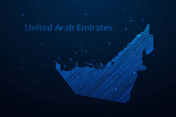 Vector illustration of United Arab Emirates map hand drawn scribble sketch and Country name. Vector map in futuristic style on dark blue background. Vector illustration EPS10