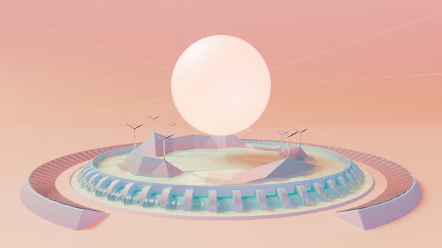 Sustainable Resources And Power Generation, Stylized Miniature - Loopable - Solar Energy, Wind Turbine, Hydroelectric Power - Peach, Pastel Colored