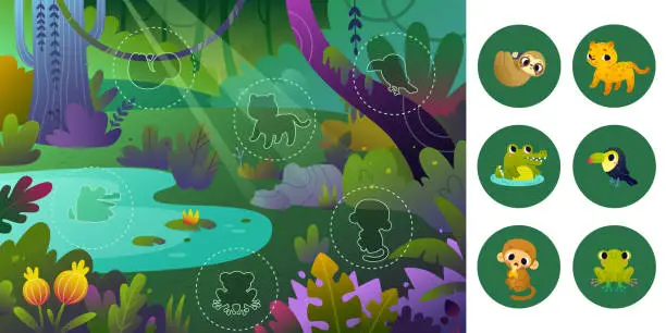 Vector illustration of Cartoon baby board game with jungle animals. Cute vector game set with rainforest exotic animals.