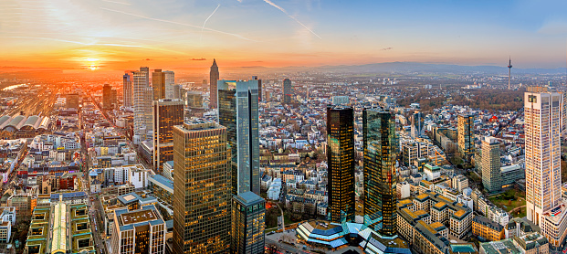 scenic aerial view to panorama of Frankfurt in sunset