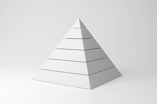 Layered white pyramid on white background in monochrome and minimalism. Illustration as a design element for website templates and slide show presentations