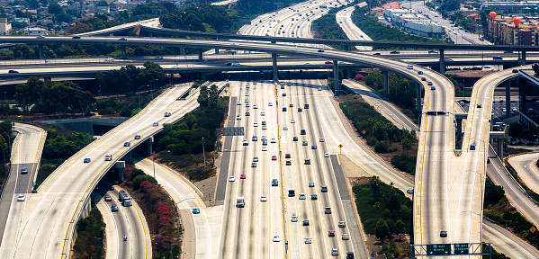 aerial of a highway with bridges and overfly in Los Angeles, USA