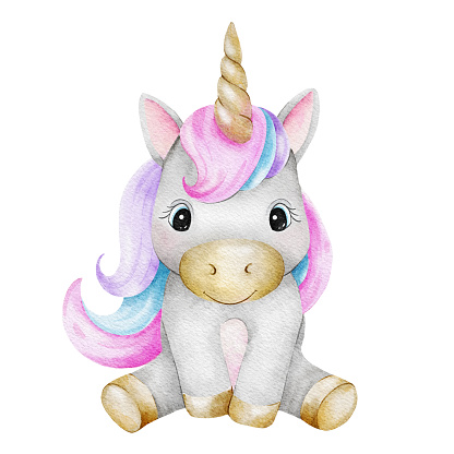 Cute fairytale unicorn. Isolated baby watercolor illustration. Design for logo, kid's goods, clothes, textiles, postcards, posters, baby shower and children's room