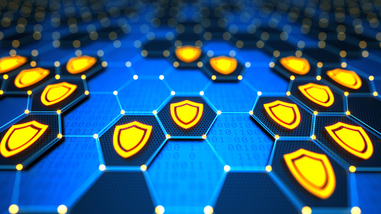 Futuristic digital technological background with hexagonal elements, yellow glowing digital shield and binary code. Encryption your data.  Big data security. Safe your data. Internet security and privacy concept. 3d illustration
