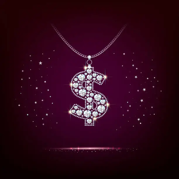 Vector illustration of Dollar Currency Symbol Diamond Pendant Pendant on Chain