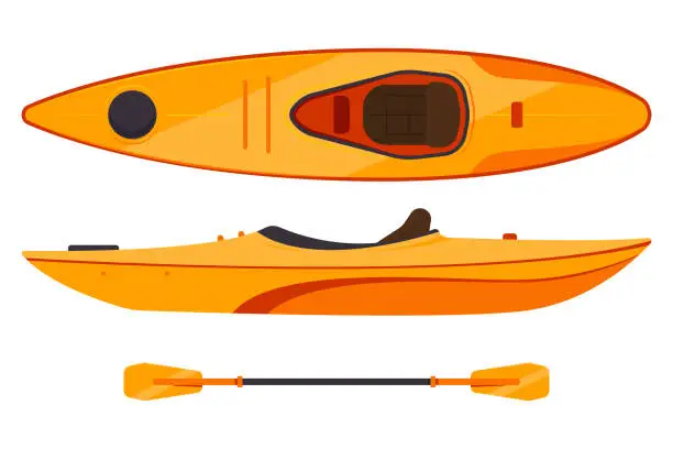 Vector illustration of Kayak boat and paddle vector cartoon set isolated on a white background.