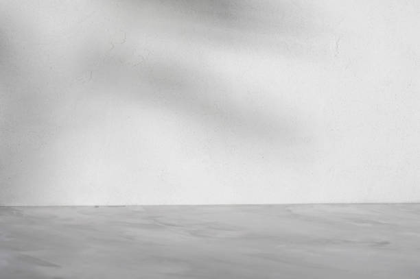istock Empty white concrete textured wall and gray marble podium stage or floor with soft natural abstract sun light shadows, product showcase template or background for business brand advertisement 1987570482