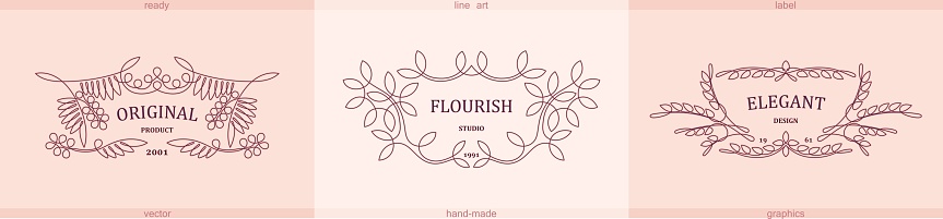 Three unique emblems with floral decoration in vintage Victorian style. Elegant floral frame in line art style. Vector graphics