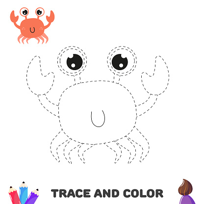 Trace crab. Coloring educational worksheet for kids. Activity page