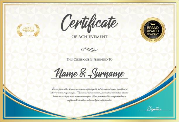 certificate with golden seal and colorful design border - elegance seal stamper retro revival design element stock illustrations