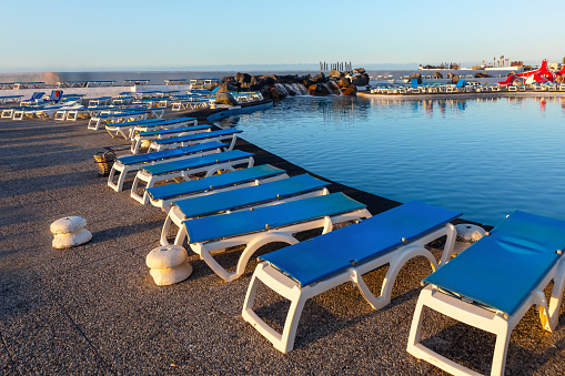 Sun loungers on the shore of pool resort. Summer vacation scenery