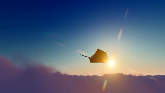 Paper plane flies through the clouds
