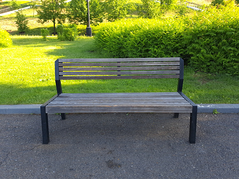 Empty wooden park bench in the public park and concrete floor and forest and sky background