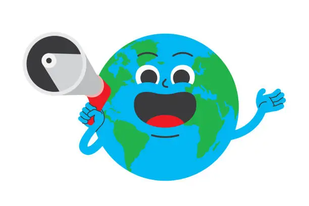 Vector illustration of Planet Earth Globe Cartoon Character Mascot Holding Megaphone Speaker