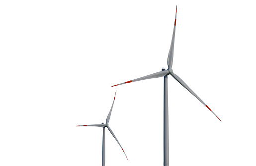 Wind turbine on a transparent background. Close-up of a wind turbine. Windmills on a transparent background isoliert. Eolian generator isoliert. renewable energy and sustainability concept.