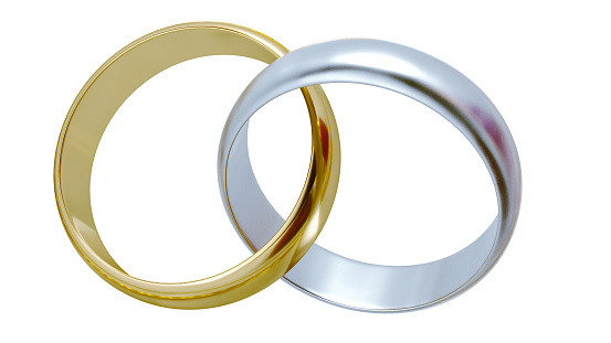 3D render of two golden and silver wedding rings isolated on white background