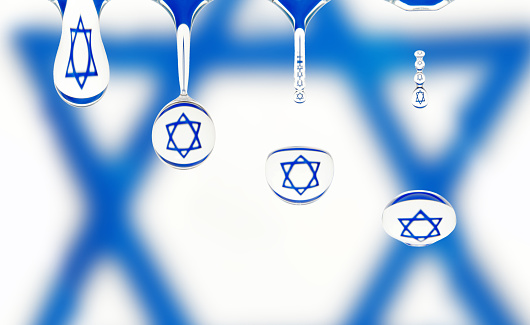 sequence of a drop of water dripping off, the flag of Israel is reflected