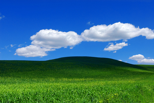 green meadow, blue sky and white clouds in the surroundings of Munich, Bayedrn, Germany