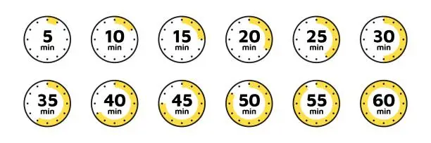 Vector illustration of Timer, clock, stopwatch isolated set icons. Countdown timer symbol icon set. Label cooking time. Vector illustration