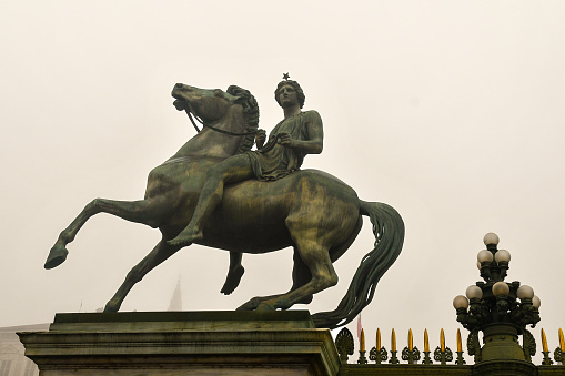 Glasgow, Scotland - The Glasgow tradition of putting a traffic cone on the head of the Duke of Wellington's statue in front of the GOMA - the Gallery of Modern Art, located in the city centre.
