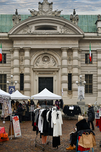 Turin, Piedmont, Italy - 12 09 2023: Piazza Carlo Alberto is one of the historic squares in the center of Turin, overlooked by Palazzo Carignano and the National Library of Turin.