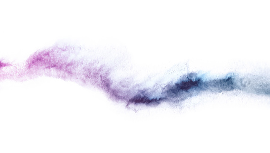 Smoky watercolor wave isolated on white background. Design element curved line made of water-based paint, pigmented smoke made of pink, purple paint. Hand drawn illustration.