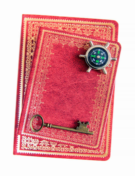 The key and compass on old book isolated on white background.