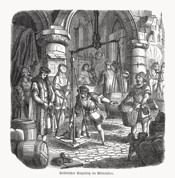 istock Urban weighing place in the Middle Ages, wood engraving, published 1869 1987648081