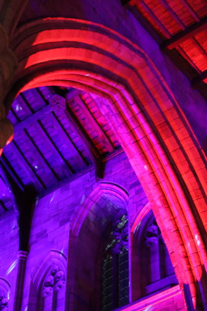 istock Stone arches inside an old church illuminated at night by red and purple lights 1987662138