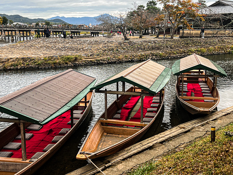 The lake near Kyoto surrounded by astonishing hills covered in autumn leaves. People are sailing in traditional boats.