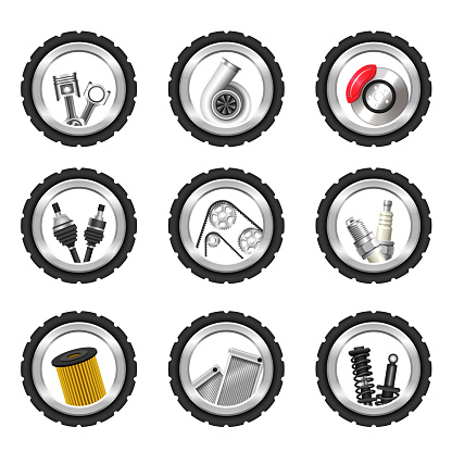 Car parts set. Vector 3D icons isolated on white background.