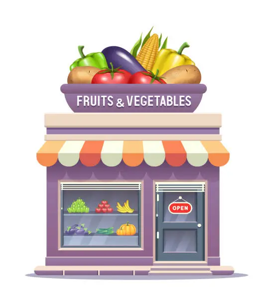 Vector illustration of Farm food store. Vegetables and fruits store. Vector clipart isolated on white background.