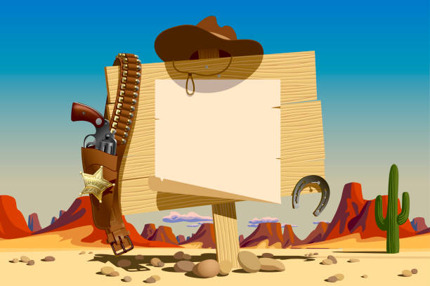 Wood signboard with paper sheet blank, cowboy hat and colt against the sunlit landscape with a desert and mountains of the Wild West of the USA. Vector illustration