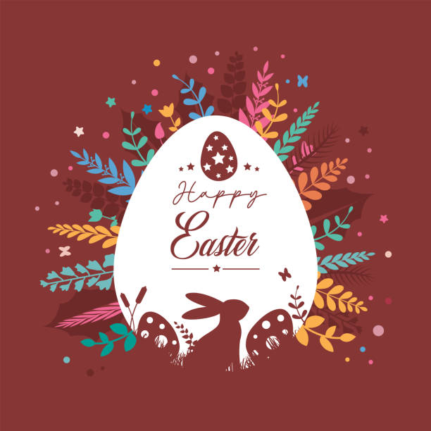 пасхальная открытка с пожеланиями счастливой пасхи и красочной листвой - floral pattern butterfly easter easter egg stock illustrations