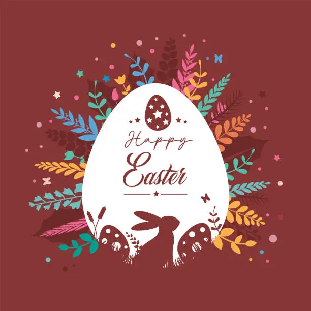 Vector illustration of Easter card with Happy Easter wishes and colourful foliage