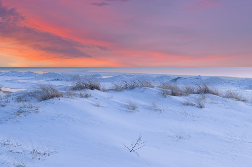 Winter landscape of beach grasses, snow and the iced shoreline of Lake Michigan at sunset, Saugatuck Dunes State Park, Michigan, USA
