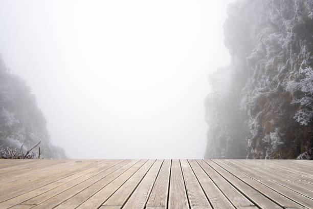 겨울에는 눈과 안개가 심한 눈 덮인 계곡 앞의 텅 빈 나무 보도. - fogs 뉴스 사진 이미지