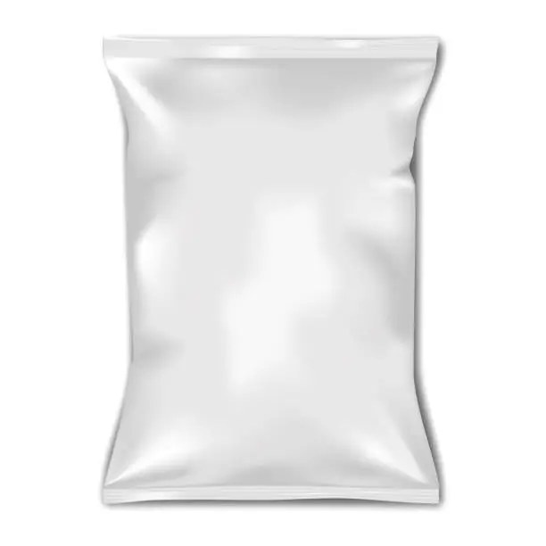 Vector illustration of White blank pillow bag realistic vector mock-up. Crumpled pouch package mockup. Potato chips, candies or other food snack pack. Template for design