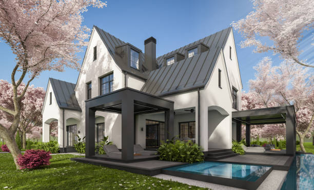 istock 3d rendering of new concrete house in modern style in spring day 1987746452