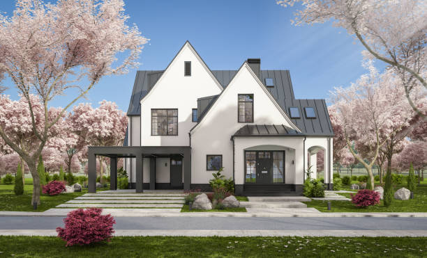 istock 3d rendering of new concrete house in modern style in spring day 1987746453