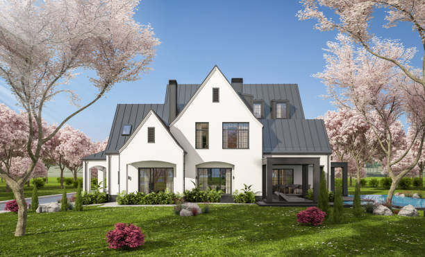 istock 3d rendering of new concrete house in modern style in spring day 1987746454