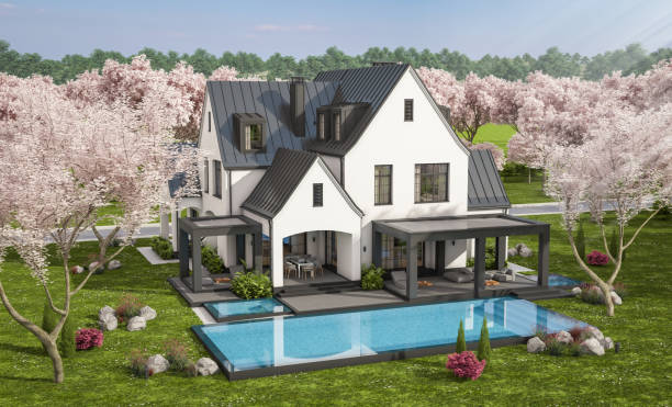 istock 3d rendering of new concrete house in modern style in spring day 1987746455