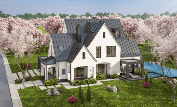 istock 3d rendering of new concrete house in modern style in spring day 1987746458