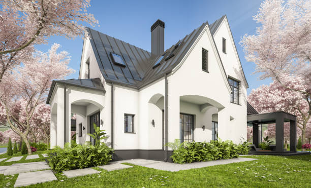 istock 3d rendering of new concrete house in modern style in spring day 1987746461