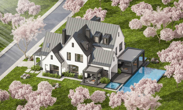 istock 3d rendering of new concrete house in modern style in spring day 1987746463