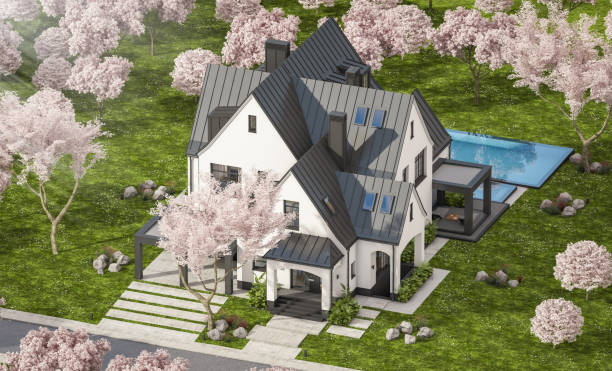 istock 3d rendering of new concrete house in modern style in spring day 1987746471