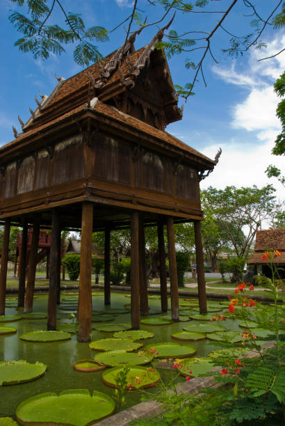 istock an old wooden structure is sitting next to lily pads in a pond 1987748089