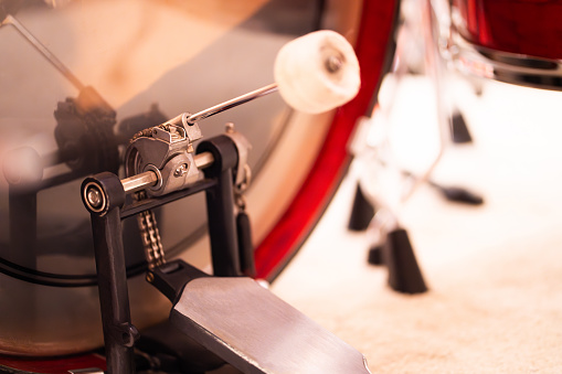 Close-up of drum set pedals Part of the equipment that produces sound Drum set in the studio.
