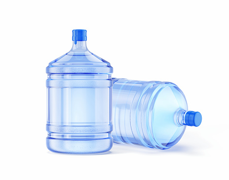 Pair of 20 liter water bottles for cooler. Blue Transparent plastic water bottle isolated on white. Water sale and delivery concept. 3d rendering